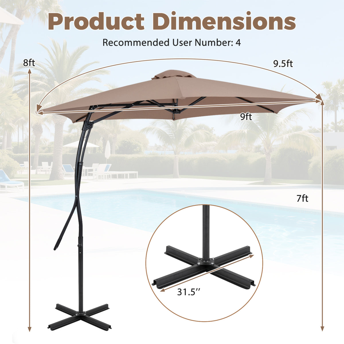9 FT Cantilever Umbrella with Cross Base Included with Smooth Handle amd Heavy Duty Frame-Brown