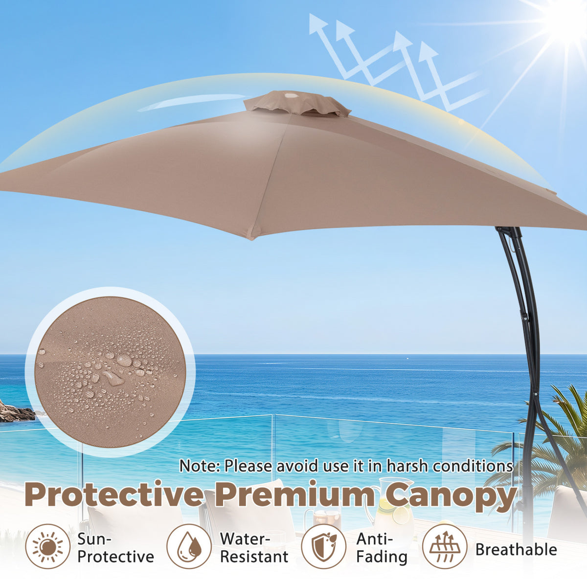 9 FT Cantilever Umbrella with Cross Base Included with Smooth Handle amd Heavy Duty Frame-Brown