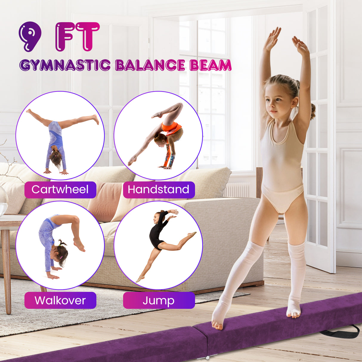 9 FT Folding Gymnastics Balance Beam with Anti-slip Base and Pine Wood Frame-Purple