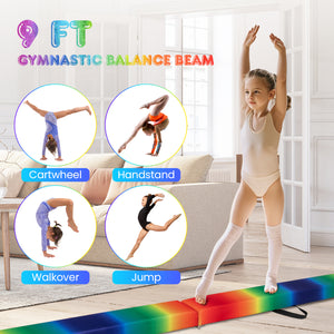 9 FT Folding Gymnastics Balance Beam with Anti-slip Base and Pine Wood Frame-Rainbow