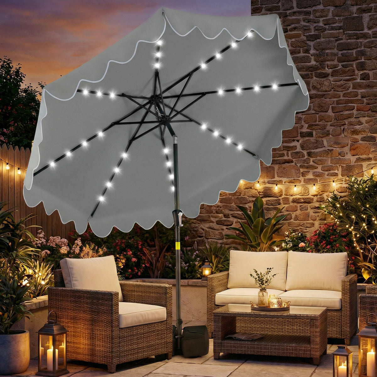9 FT Outdoor Patio Umbrella with Solar LED Lights and Weighted Base-Gray
