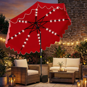 9 FT Outdoor Patio Umbrella with Solar LED Lights and Weighted Base-Red
