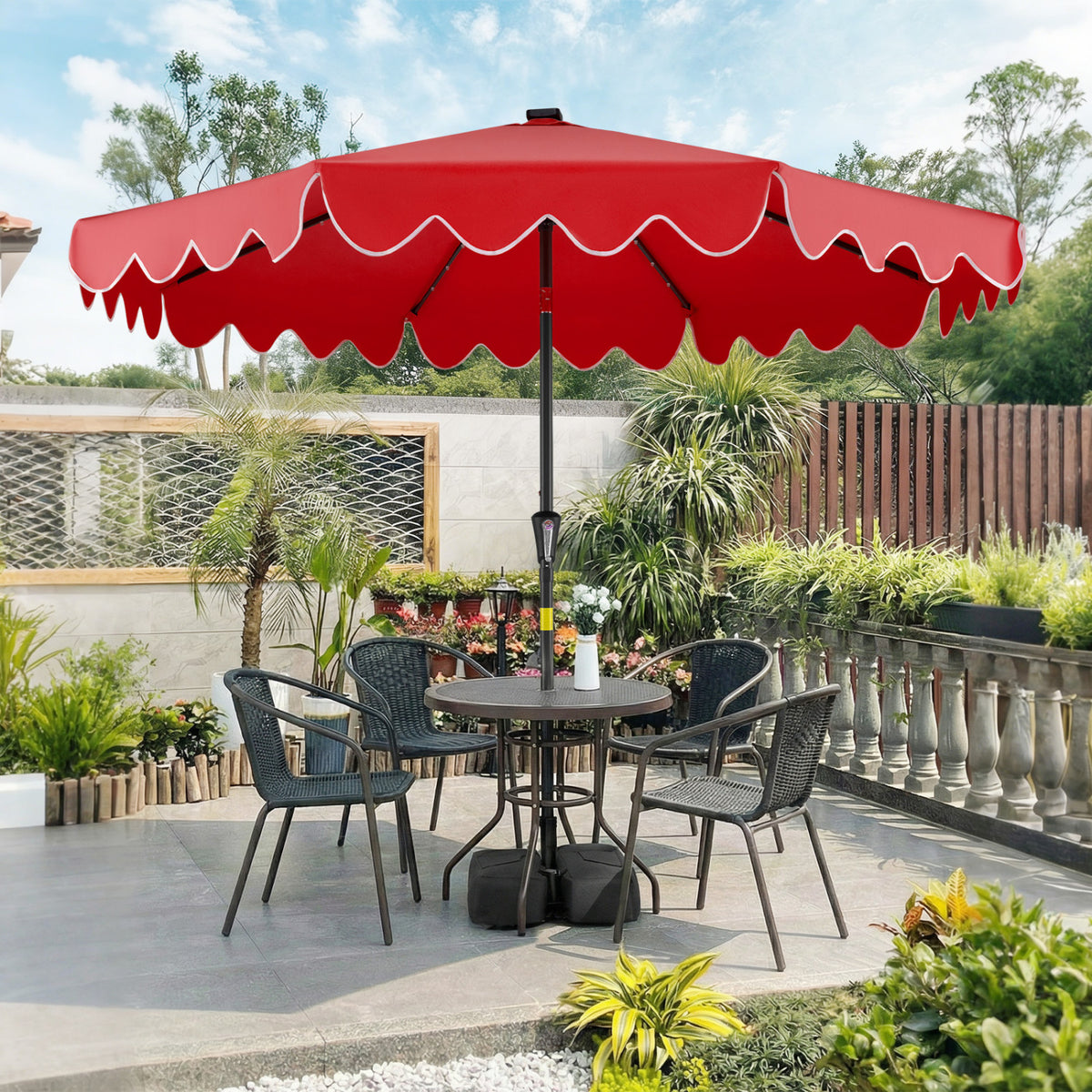 9 FT Outdoor Patio Umbrella with Solar LED Lights and Weighted Base-Red