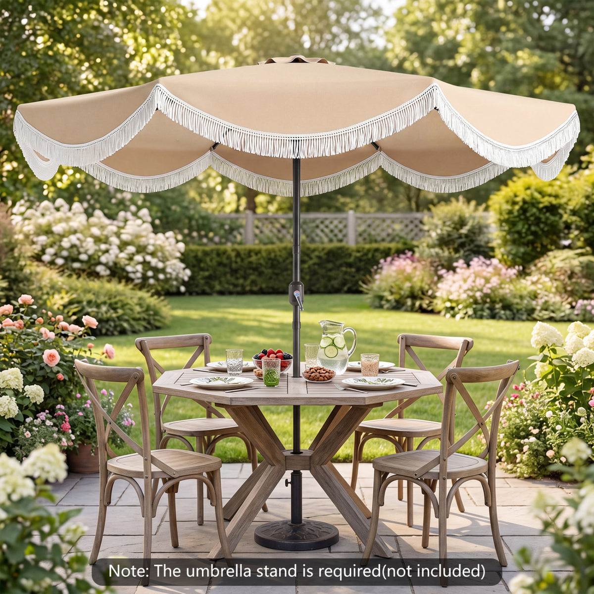 9 FT Outdoor Tassel Umbrella with Push Button Tilt-White