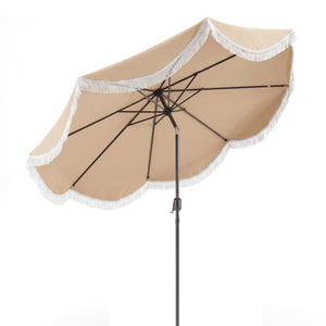 9 FT Outdoor Tassel Umbrella with Push Button Tilt-White