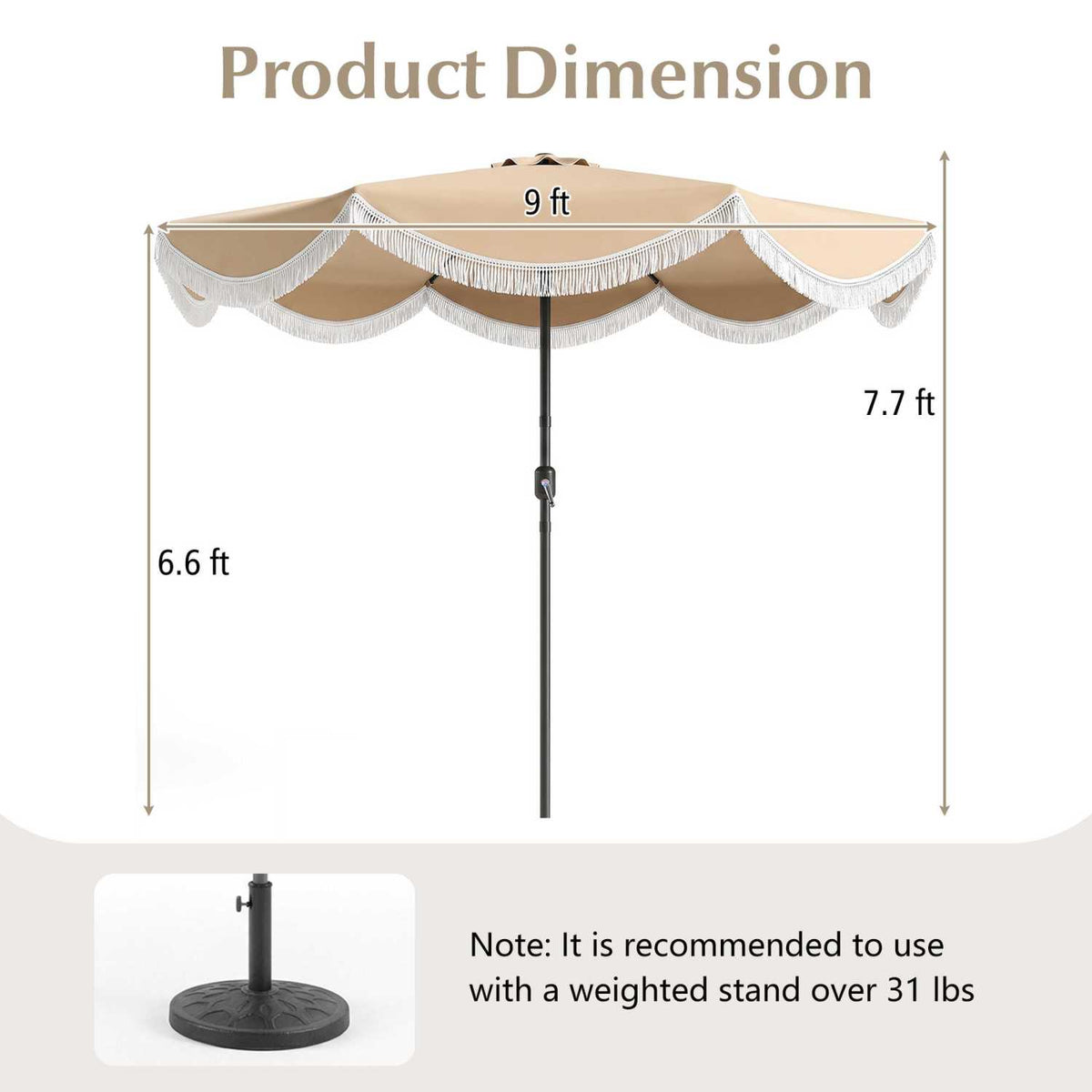 9 FT Outdoor Tassel Umbrella with Push Button Tilt-White