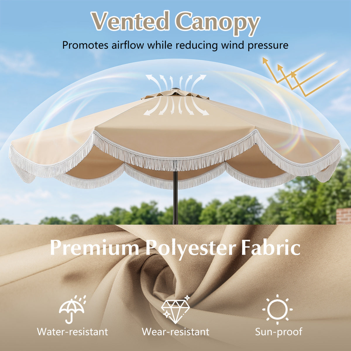 9 FT Outdoor Tassel Umbrella with Push Button Tilt-White