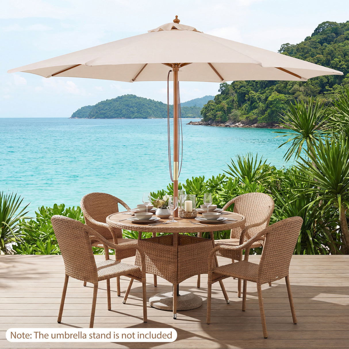 9 FT Patio Umbrella Outdoor Table Market Umbrella with 8 Sturdy Bamboo Ribs-Beige