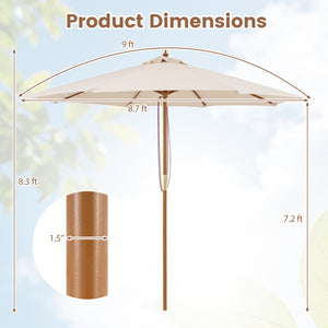 9 FT Patio Umbrella Outdoor Table Market Umbrella with 8 Sturdy Bamboo Ribs-Beige