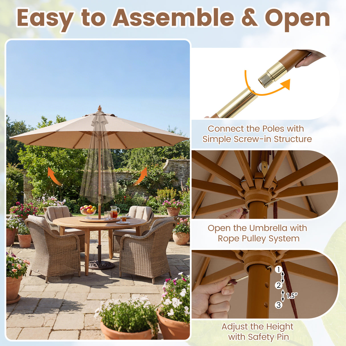 9 FT Patio Umbrella Outdoor Table Market Umbrella with 8 Sturdy Bamboo Ribs-Brown