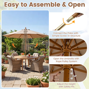 9 FT Patio Umbrella Outdoor Table Market Umbrella with 8 Sturdy Bamboo Ribs-Brown