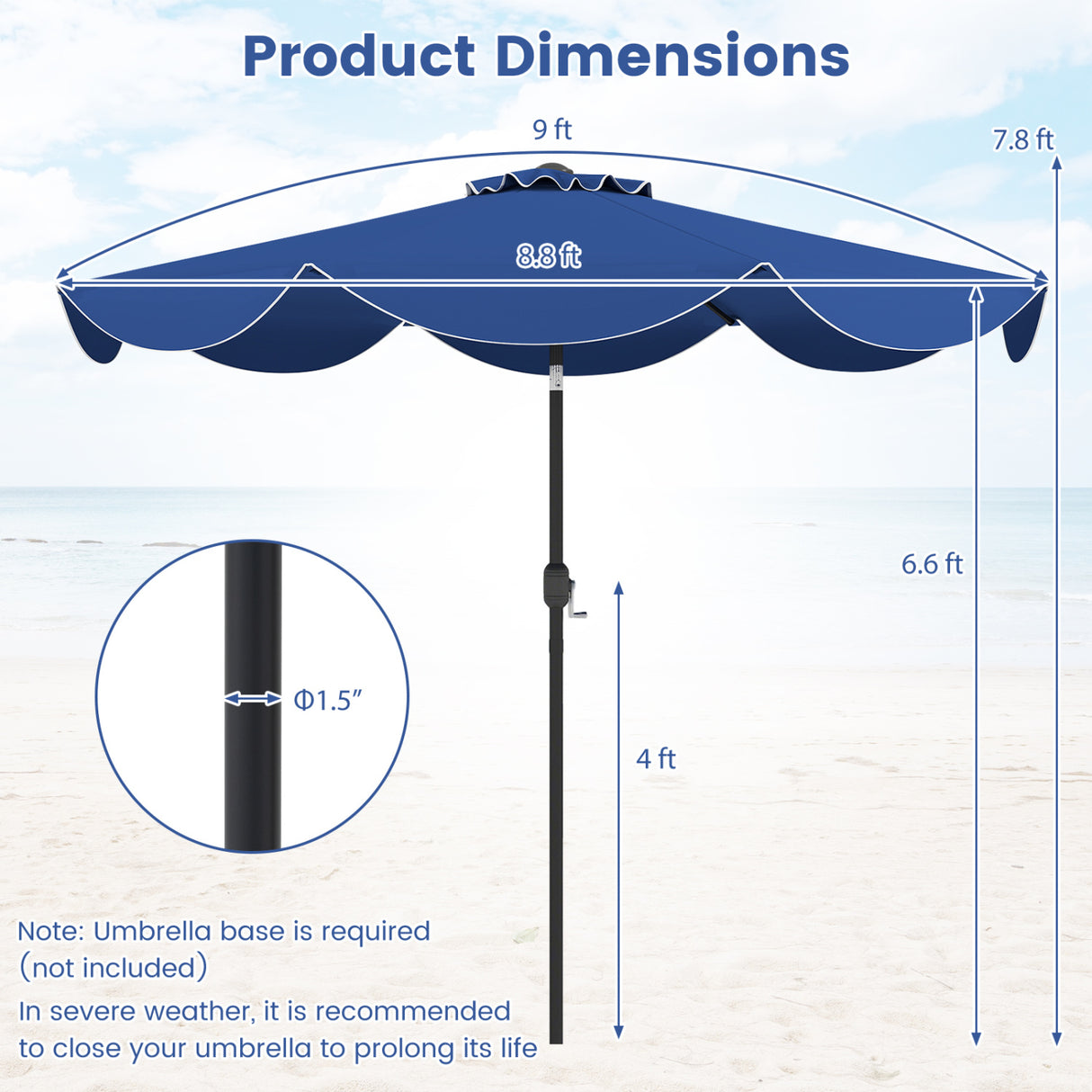 9 FT Patio Umbrella with Crank Handle and Push Button Tilt-Navy