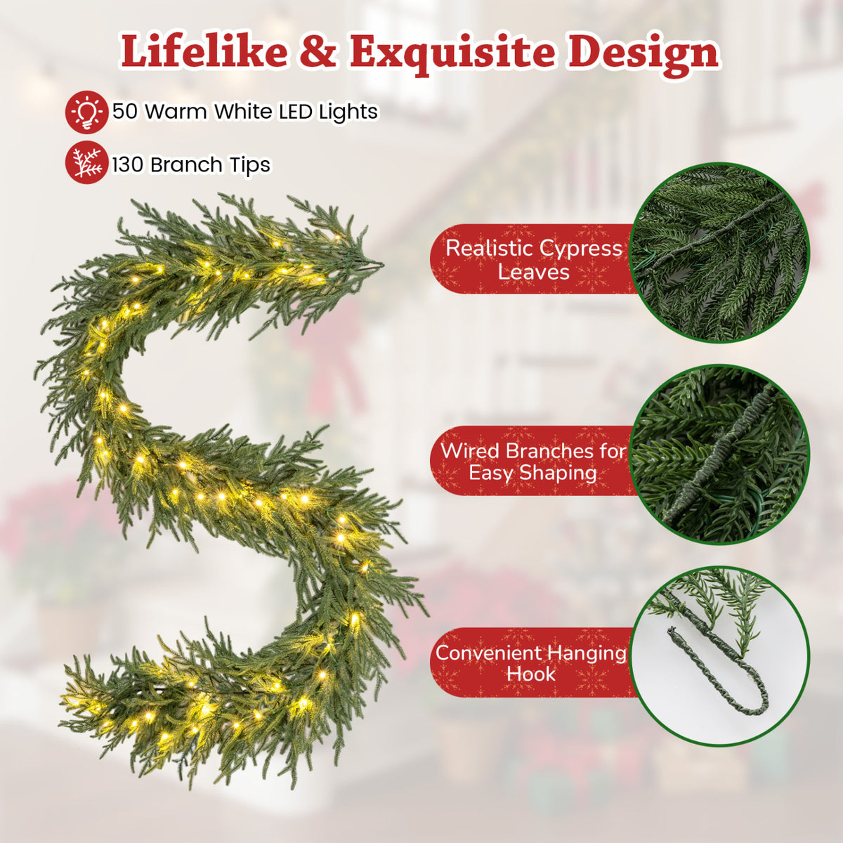 9 FT Pre-lit Artificial Cypress Christmas Garland with 50 Warm White LED Lights and 130 Branch Tips