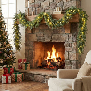 9 FT Pre-lit Artificial Cypress Christmas Garland with 50 Warm White LED Lights and 130 Branch Tips