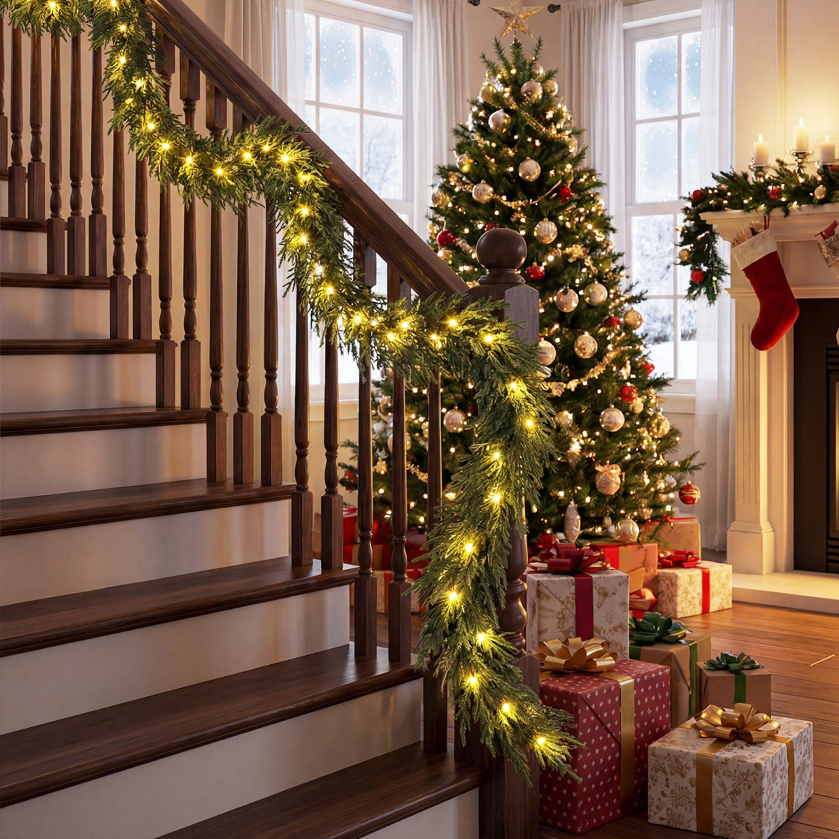 9 FT Pre-lit Artificial Cypress Christmas Garland with 50 Warm White LED Lights and 130 Branch Tips