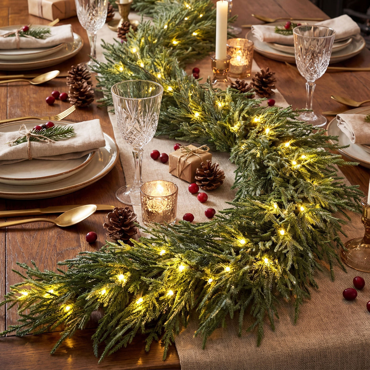 9 FT Pre-lit Artificial Cypress Christmas Garland with 50 Warm White LED Lights and 130 Branch Tips