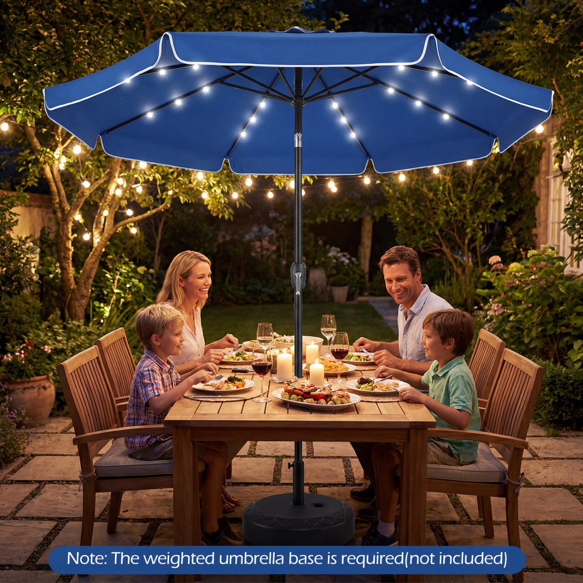 9 FT Scalloped Solar Patio Umbrella Market Table Umbrella with 24 LED Lights-Navy