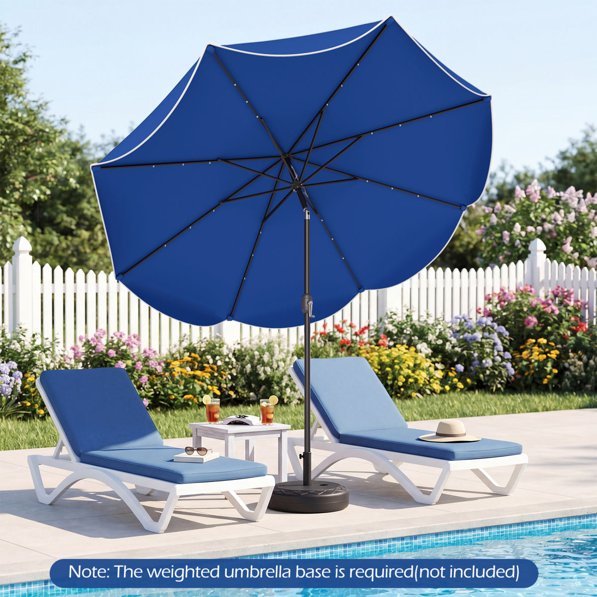9 FT Scalloped Solar Patio Umbrella Market Table Umbrella with 24 LED Lights-Navy