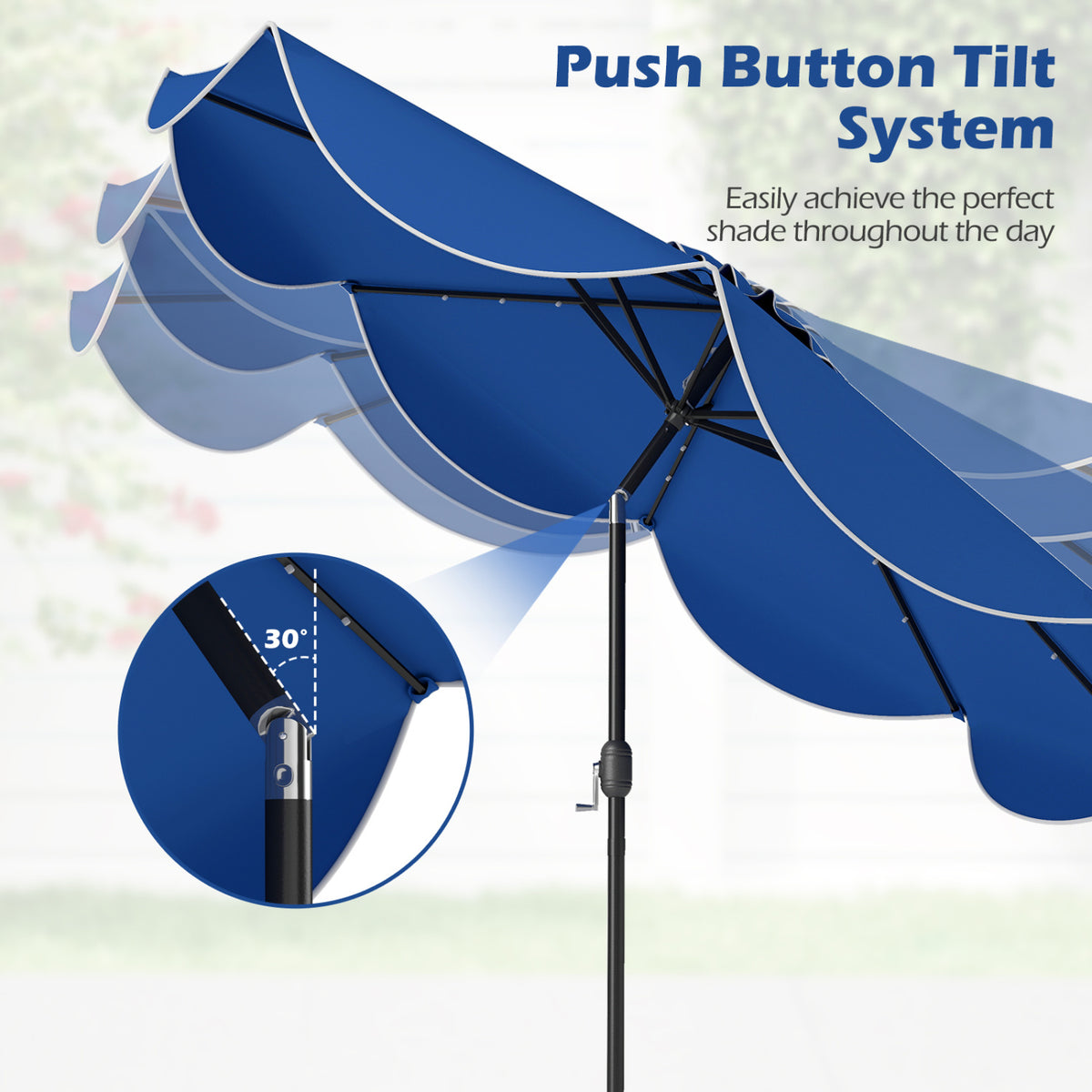 9 FT Scalloped Solar Patio Umbrella Market Table Umbrella with 24 LED Lights-Navy