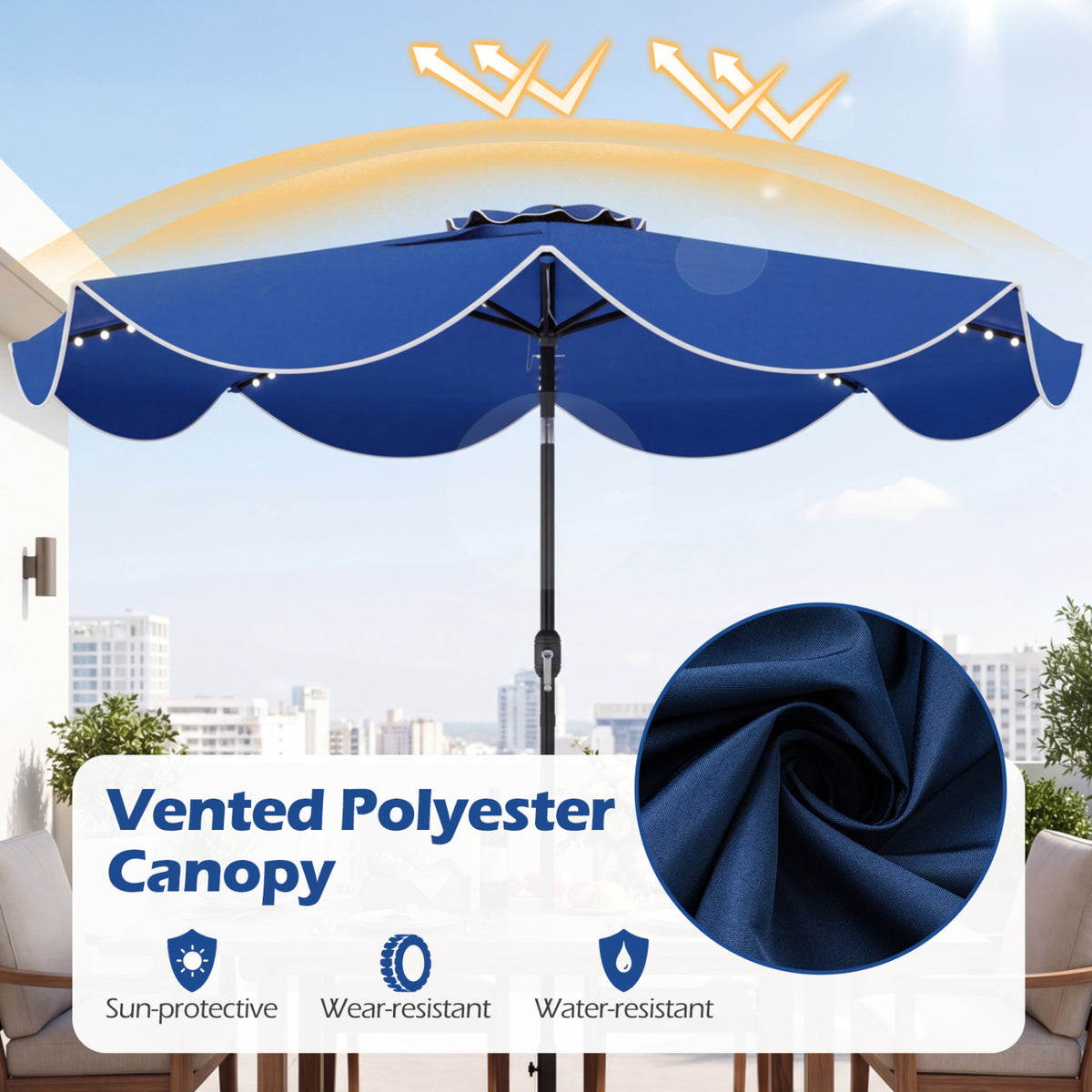 9 FT Scalloped Solar Patio Umbrella Market Table Umbrella with 24 LED Lights-Navy
