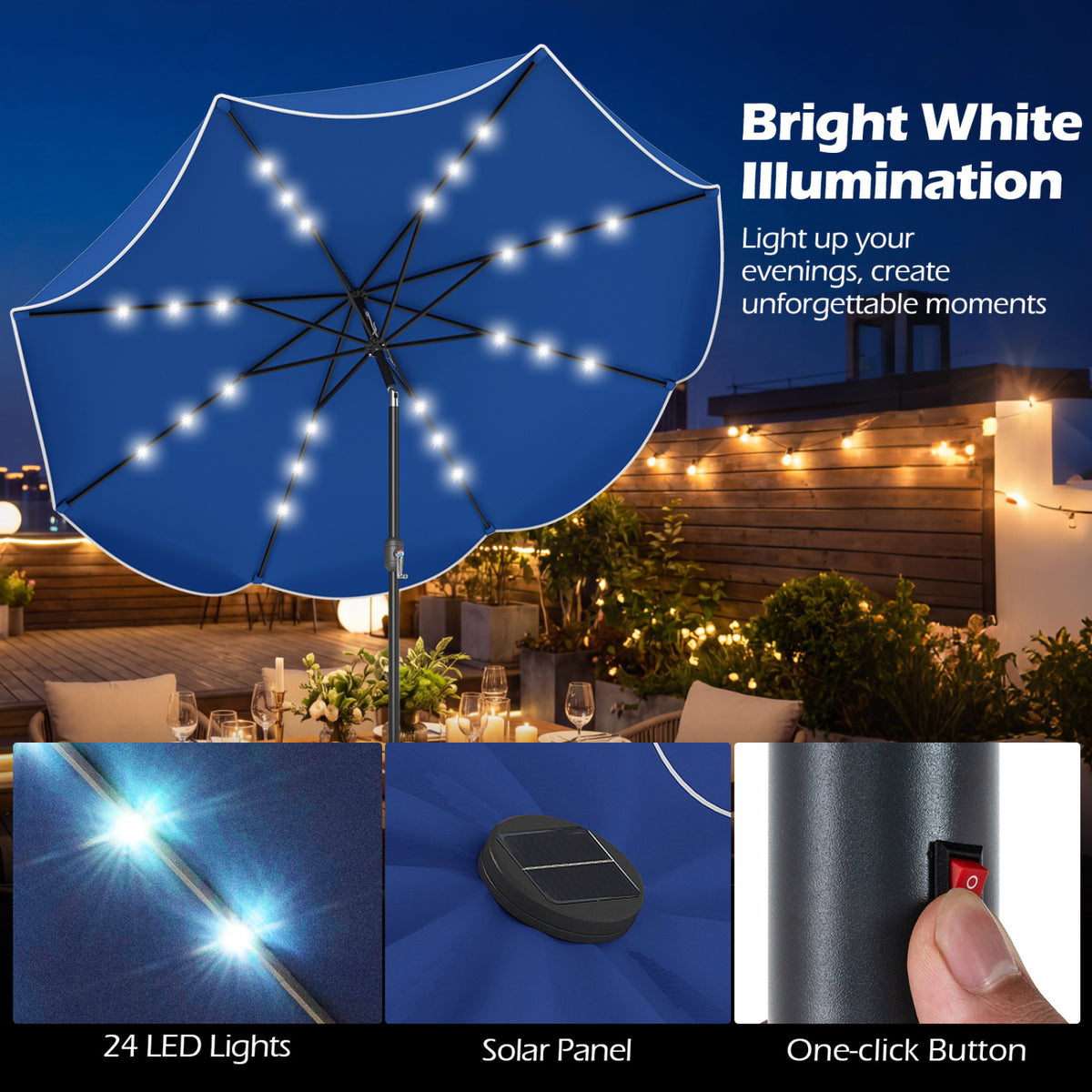 9 FT Scalloped Solar Patio Umbrella Market Table Umbrella with 24 LED Lights-Navy