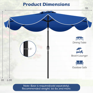 9 FT Scalloped Solar Patio Umbrella Market Table Umbrella with 24 LED Lights-Navy