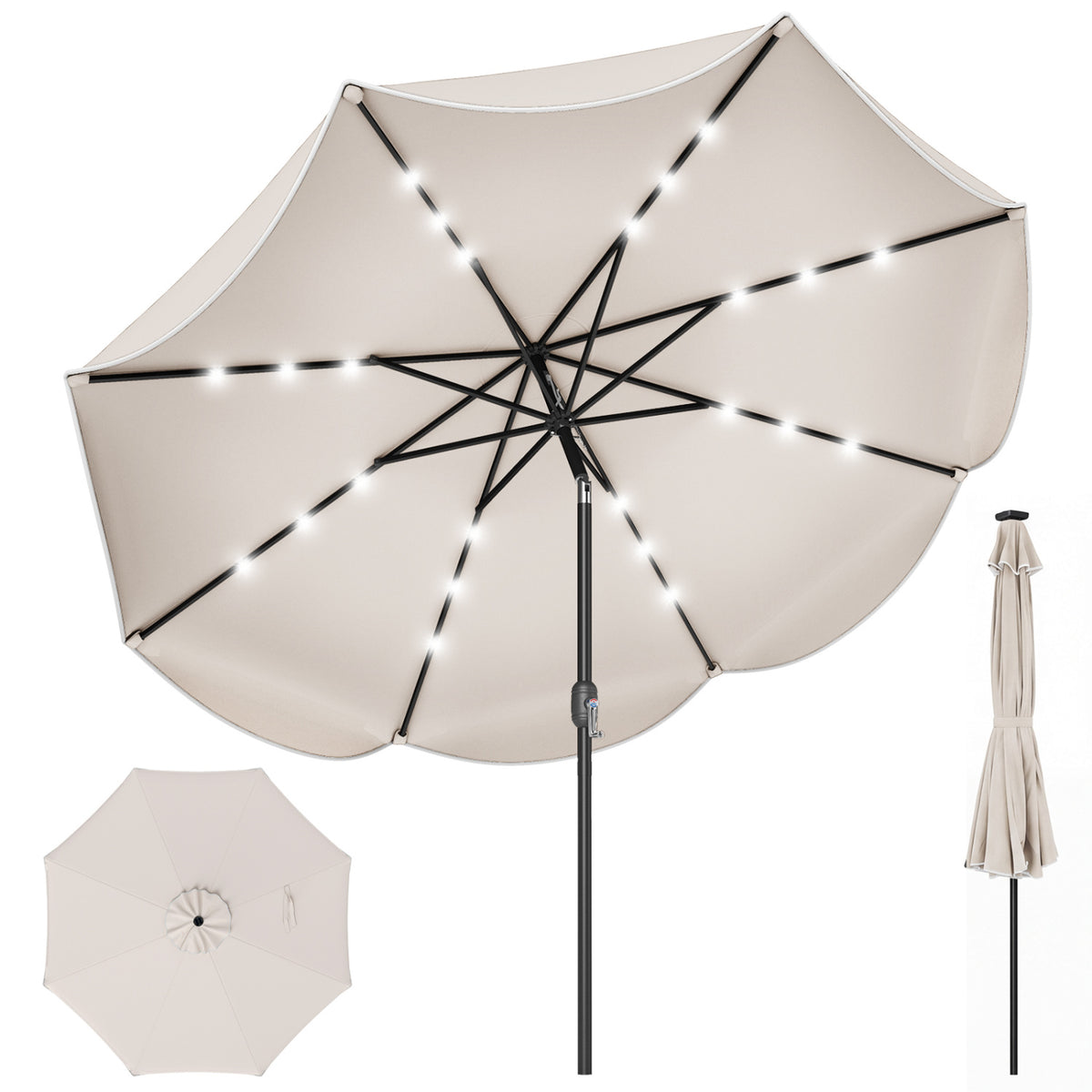9 FT Scalloped Solar Patio Umbrella Market Table Umbrella with 24 LED Lights-Beige