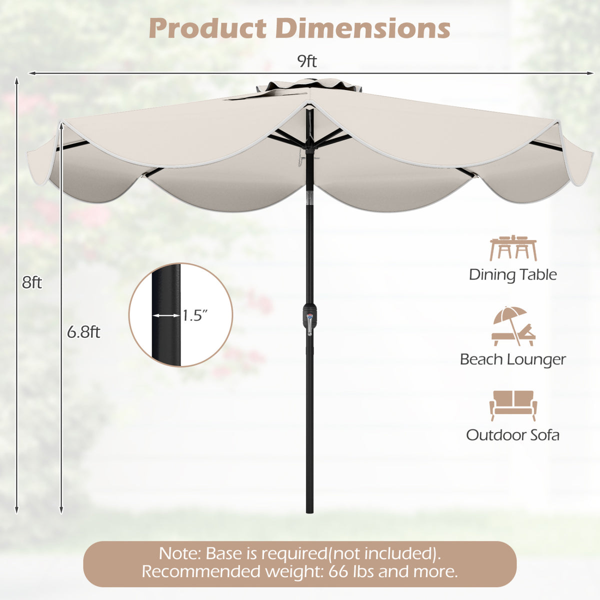 9 FT Scalloped Solar Patio Umbrella Market Table Umbrella with 24 LED Lights-Beige