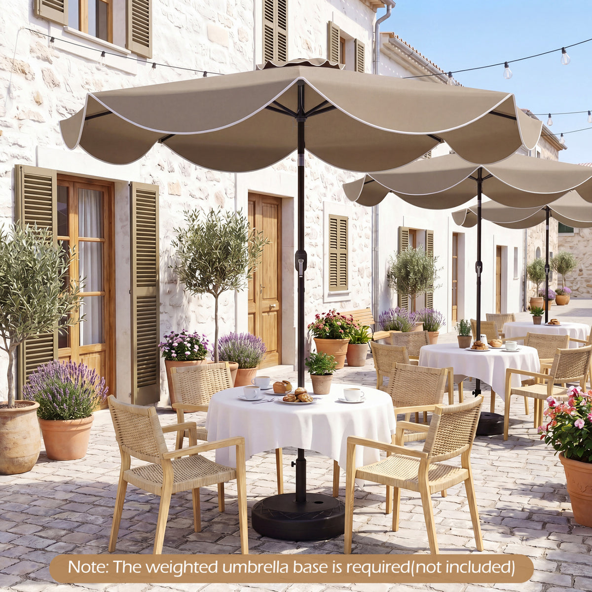 9 FT Scalloped Solar Patio Umbrella Market Table Umbrella with 24 LED Lights-Tan