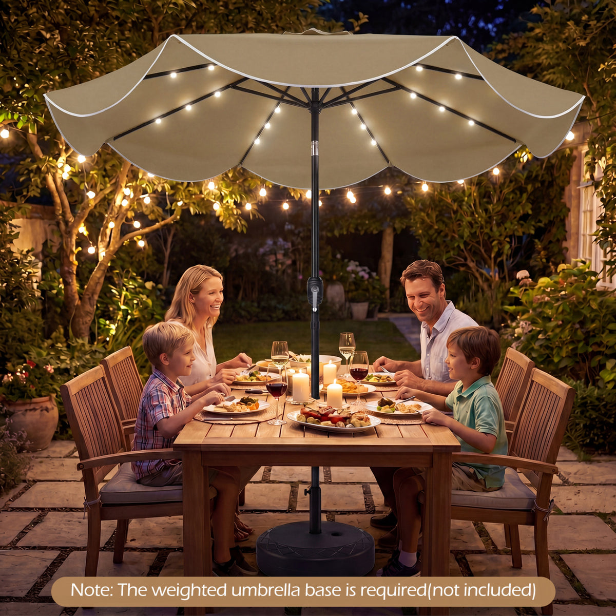 9 FT Scalloped Solar Patio Umbrella Market Table Umbrella with 24 LED Lights-Tan