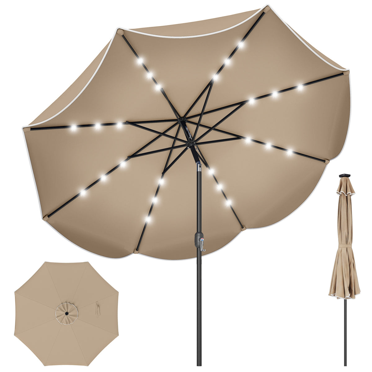 9 FT Scalloped Solar Patio Umbrella Market Table Umbrella with 24 LED Lights-Tan