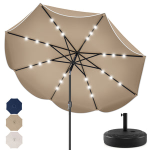 9 FT Scalloped Solar Patio Umbrella Market Table Umbrella with 24 LED Lights-Tan