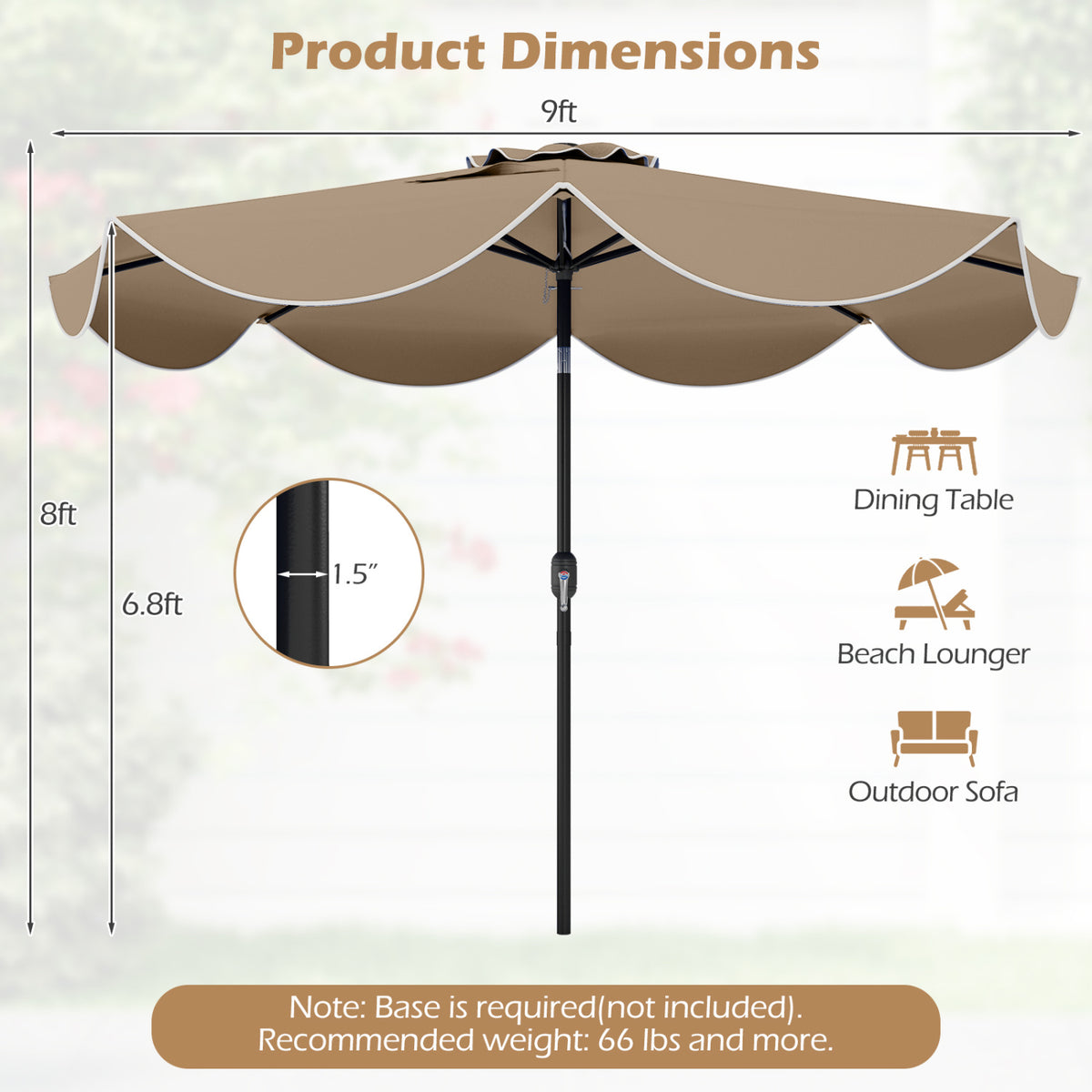 9 FT Scalloped Solar Patio Umbrella Market Table Umbrella with 24 LED Lights-Tan