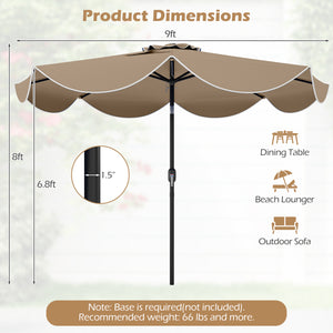 9 FT Scalloped Solar Patio Umbrella Market Table Umbrella with 24 LED Lights-Tan