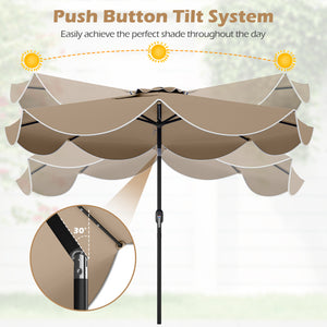 9 FT Scalloped Solar Patio Umbrella Market Table Umbrella with 24 LED Lights-Tan