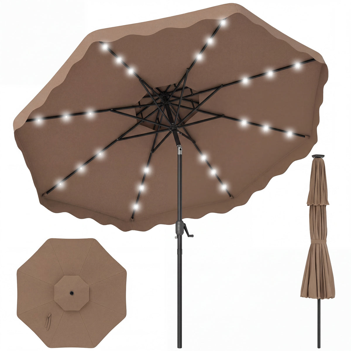9 FT Solar LED Patio Umbrella Push-Button Tilt and Crank 24 LED Lights and 8 Ribs-Brown