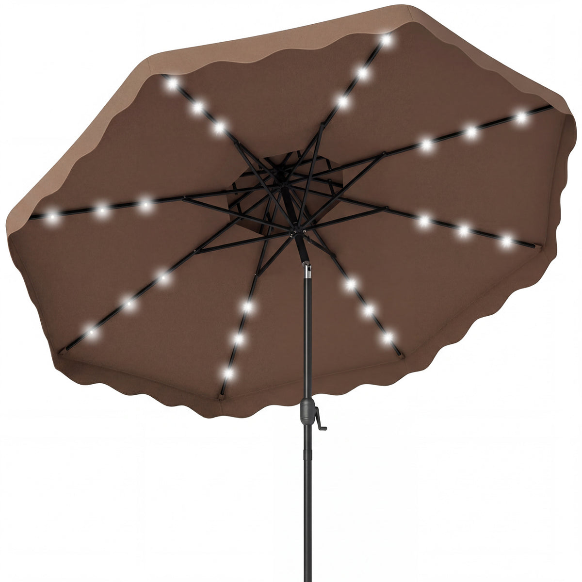 9 FT Solar LED Patio Umbrella Push-Button Tilt and Crank 24 LED Lights and 8 Ribs-Brown