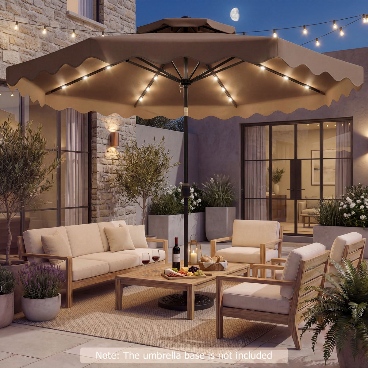 9 FT Solar LED Patio Umbrella Push-Button Tilt and Crank 24 LED Lights and 8 Ribs-Brown