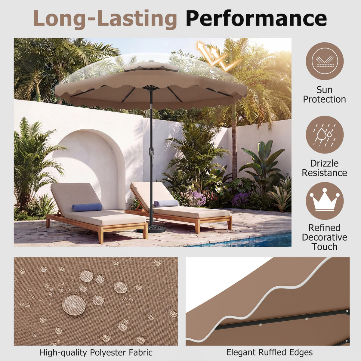 9 FT Solar LED Patio Umbrella Push-Button Tilt and Crank 24 LED Lights and 8 Ribs-Brown