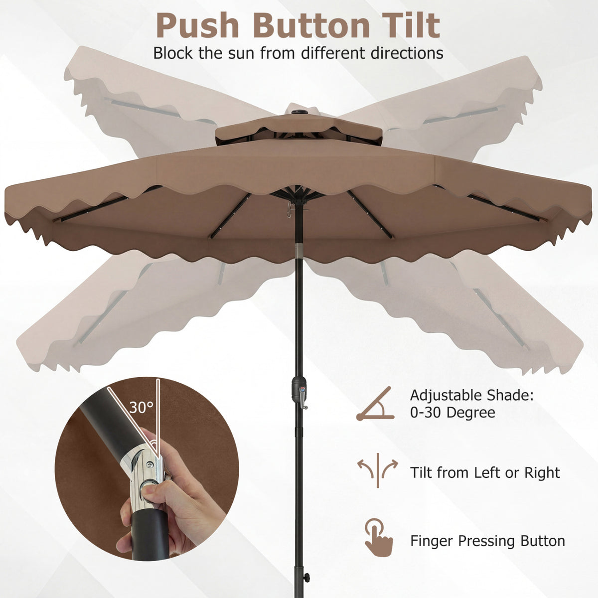 9 FT Solar LED Patio Umbrella Push-Button Tilt and Crank 24 LED Lights and 8 Ribs-Brown