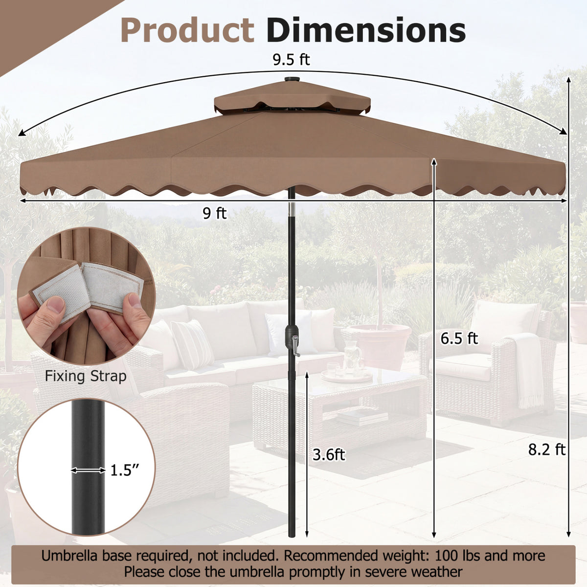 9 FT Solar LED Patio Umbrella Push-Button Tilt and Crank 24 LED Lights and 8 Ribs-Brown