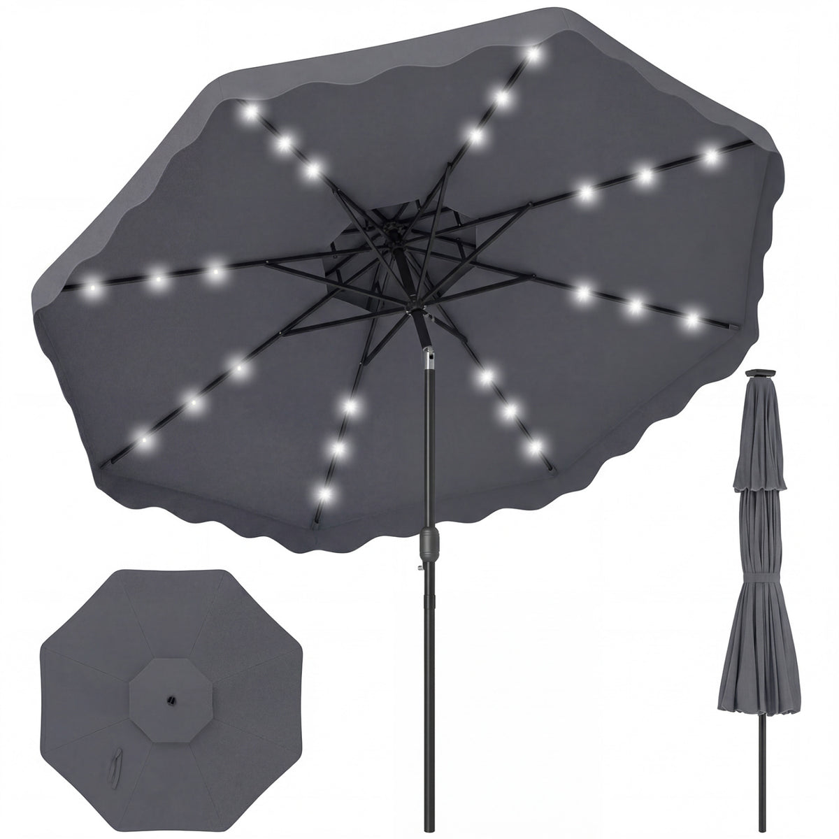 9 FT Solar LED Patio Umbrella Push-Button Tilt and Crank 24 LED Lights and 8 Ribs-Gray