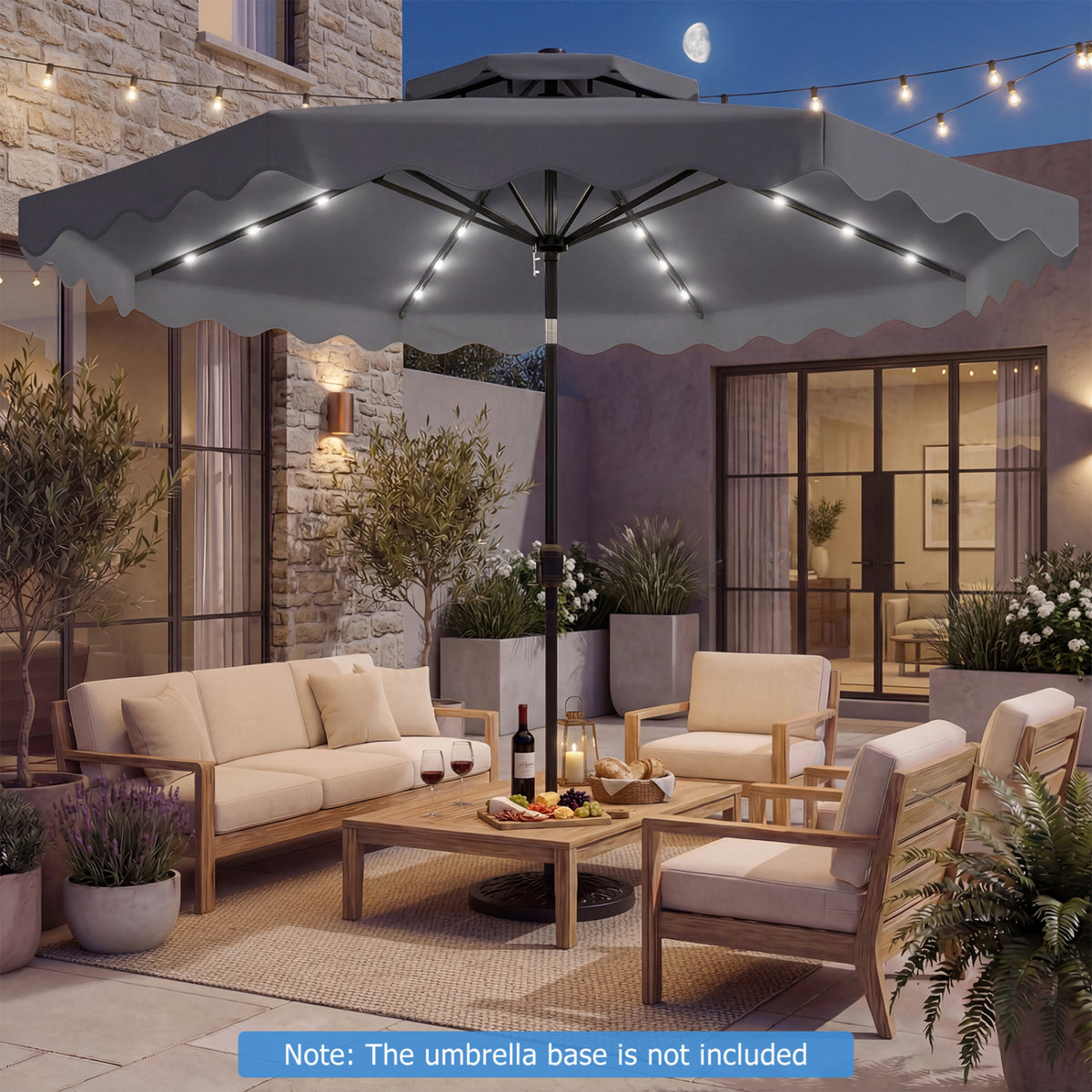 9 FT Solar LED Patio Umbrella Push-Button Tilt and Crank 24 LED Lights and 8 Ribs-Gray