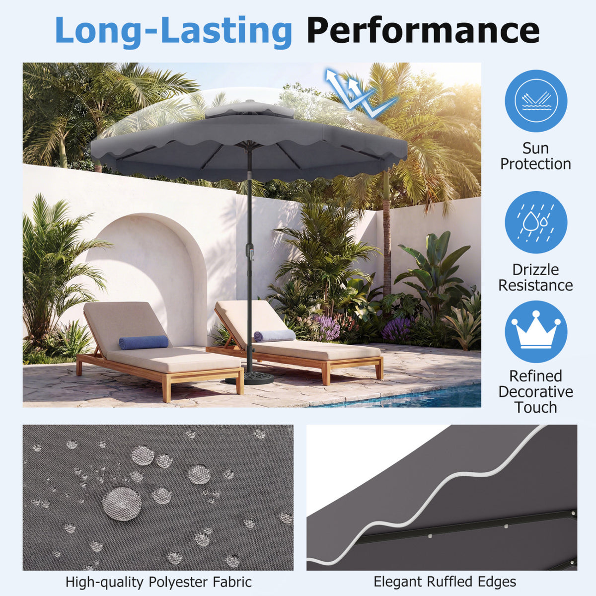 9 FT Solar LED Patio Umbrella Push-Button Tilt and Crank 24 LED Lights and 8 Ribs-Gray