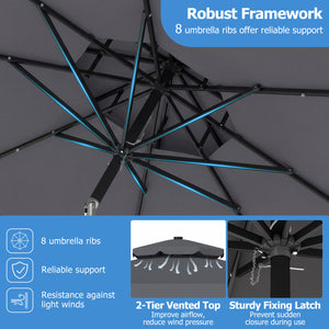 9 FT Solar LED Patio Umbrella Push-Button Tilt and Crank 24 LED Lights and 8 Ribs-Gray