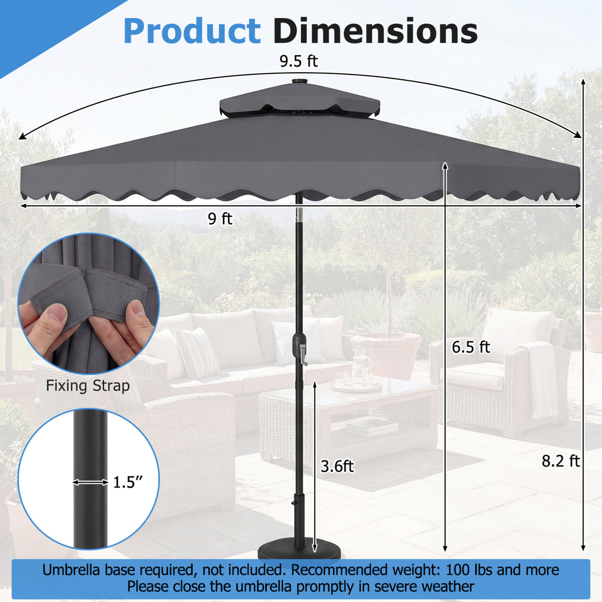 9 FT Solar LED Patio Umbrella Push-Button Tilt and Crank 24 LED Lights and 8 Ribs-Gray