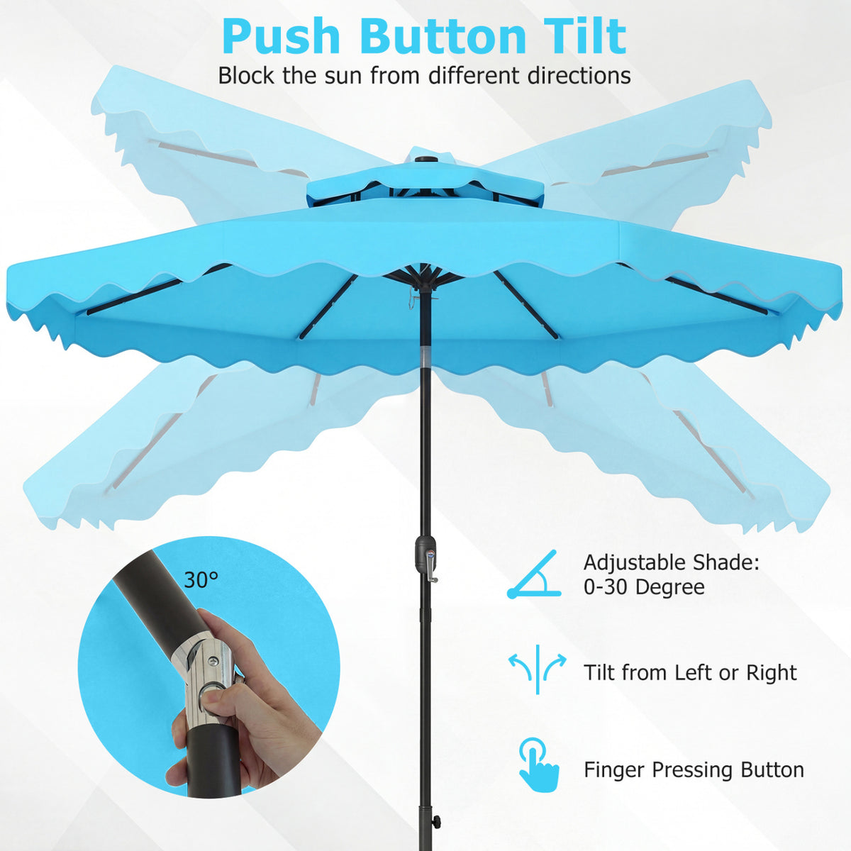 9 FT Solar LED Patio Umbrella Push-Button Tilt and Crank 24 LED Lights and 8 Ribs-Turquoise