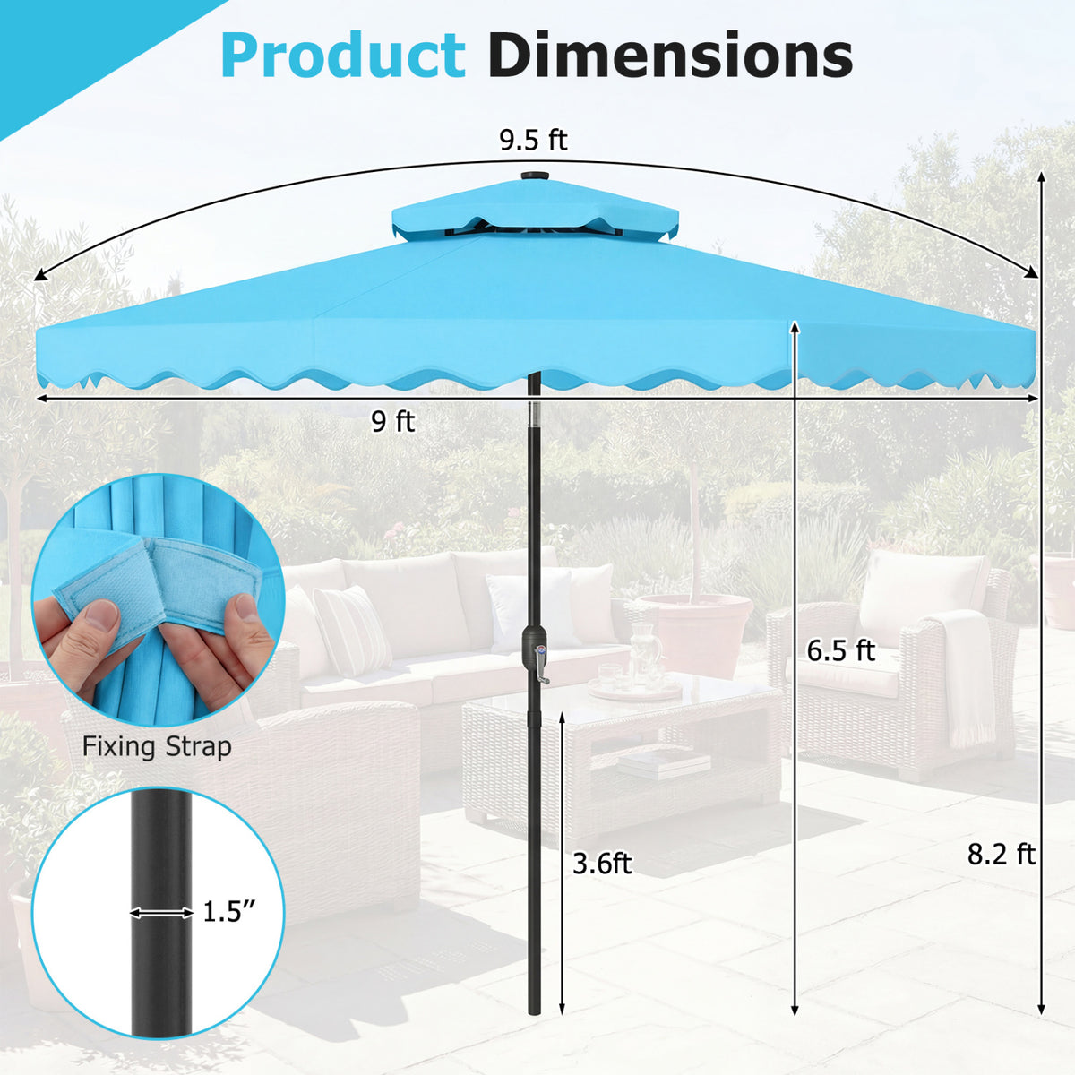 9 FT Solar LED Patio Umbrella Push-Button Tilt and Crank 24 LED Lights and 8 Ribs-Turquoise