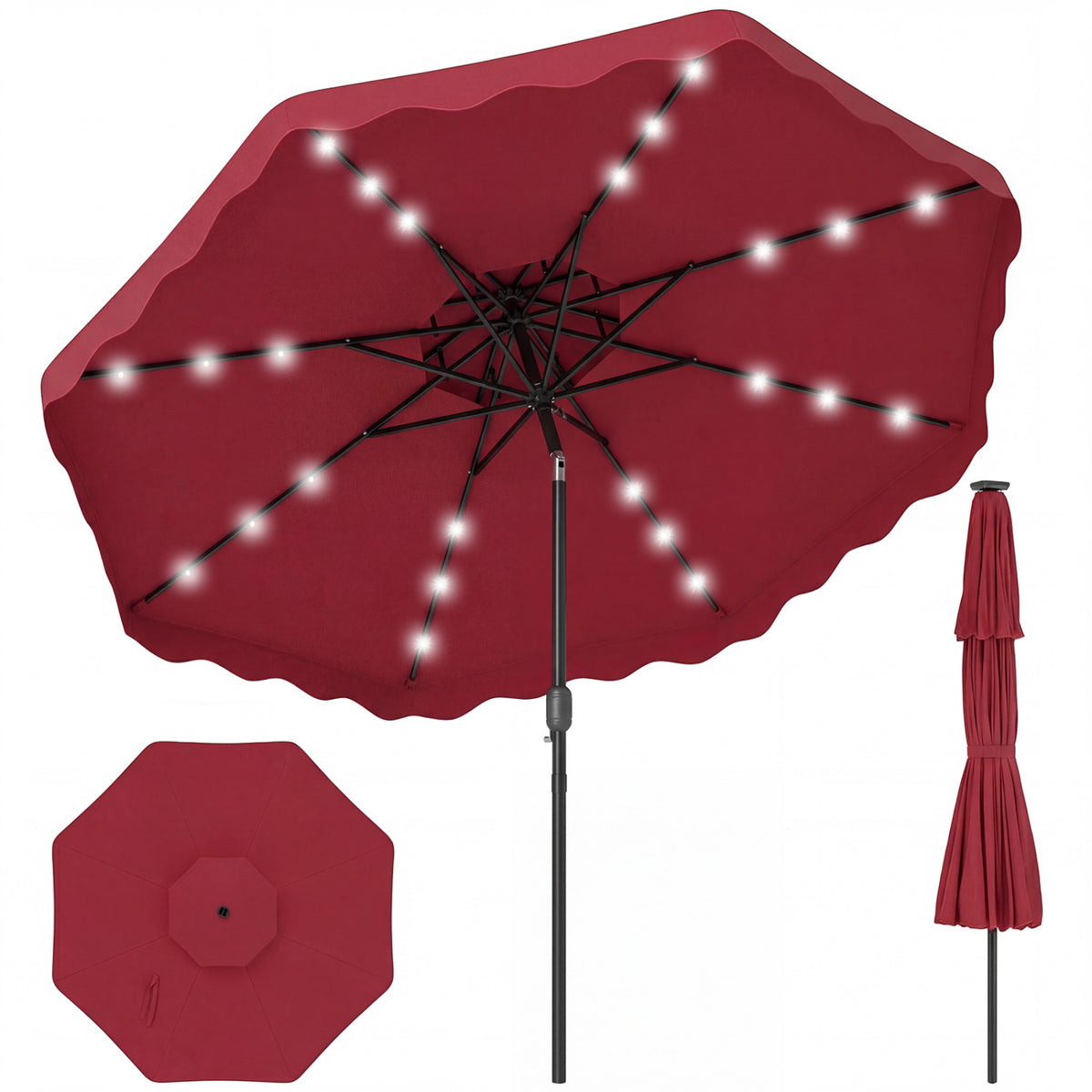 9 FT Solar LED Patio Umbrella Push-Button Tilt and Crank 24 LED Lights and 8 Ribs-Red