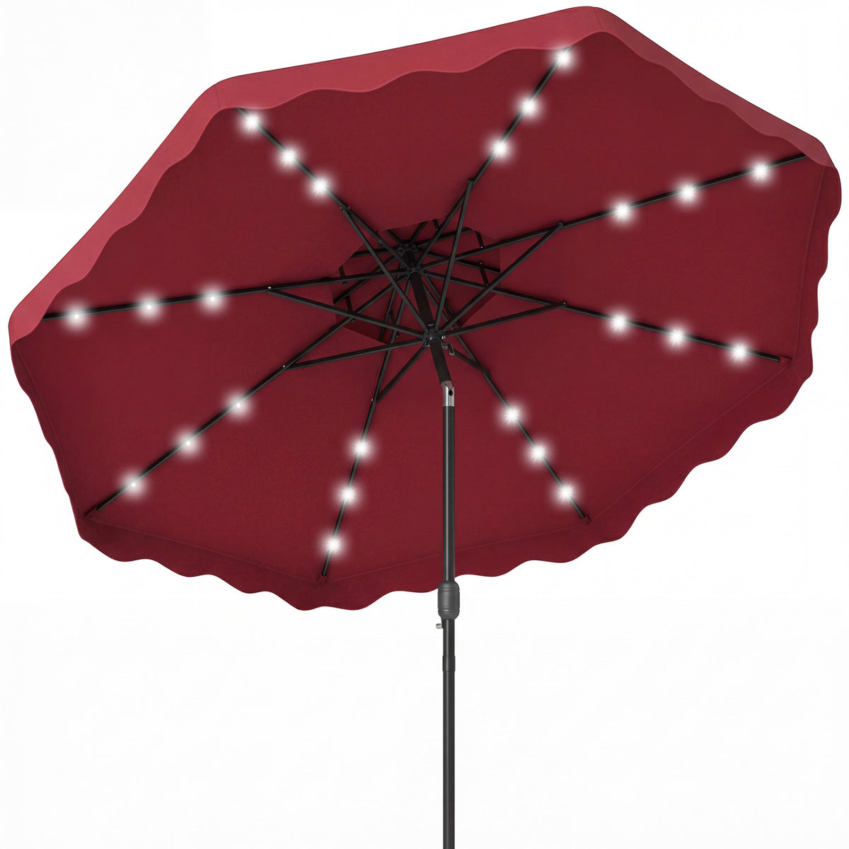 9 FT Solar LED Patio Umbrella Push-Button Tilt and Crank 24 LED Lights and 8 Ribs-Red